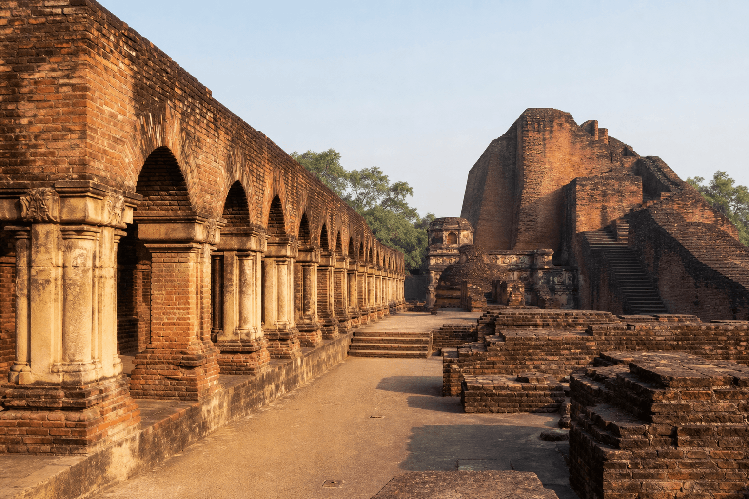 Historical Nalanda ruins landscape in soft natural light