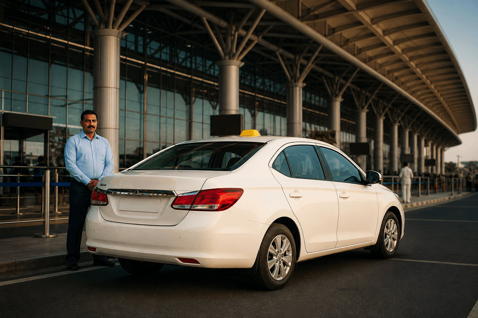White Rathya taxi waiting outside an Indian regional airport terminal