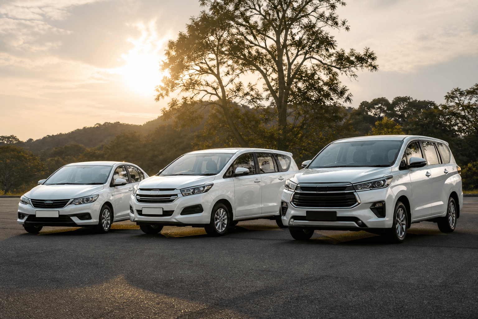 Lineup of clean white Rathya sedan, seven-seater and premium vehicles